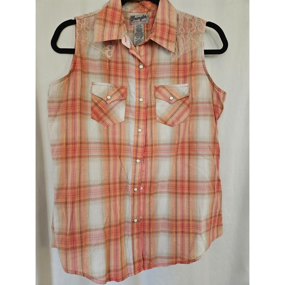 Wrangler Tops - Wrangler Pearl Snap Button Down Plaid Sleeveless Lace Women's Size Med Top